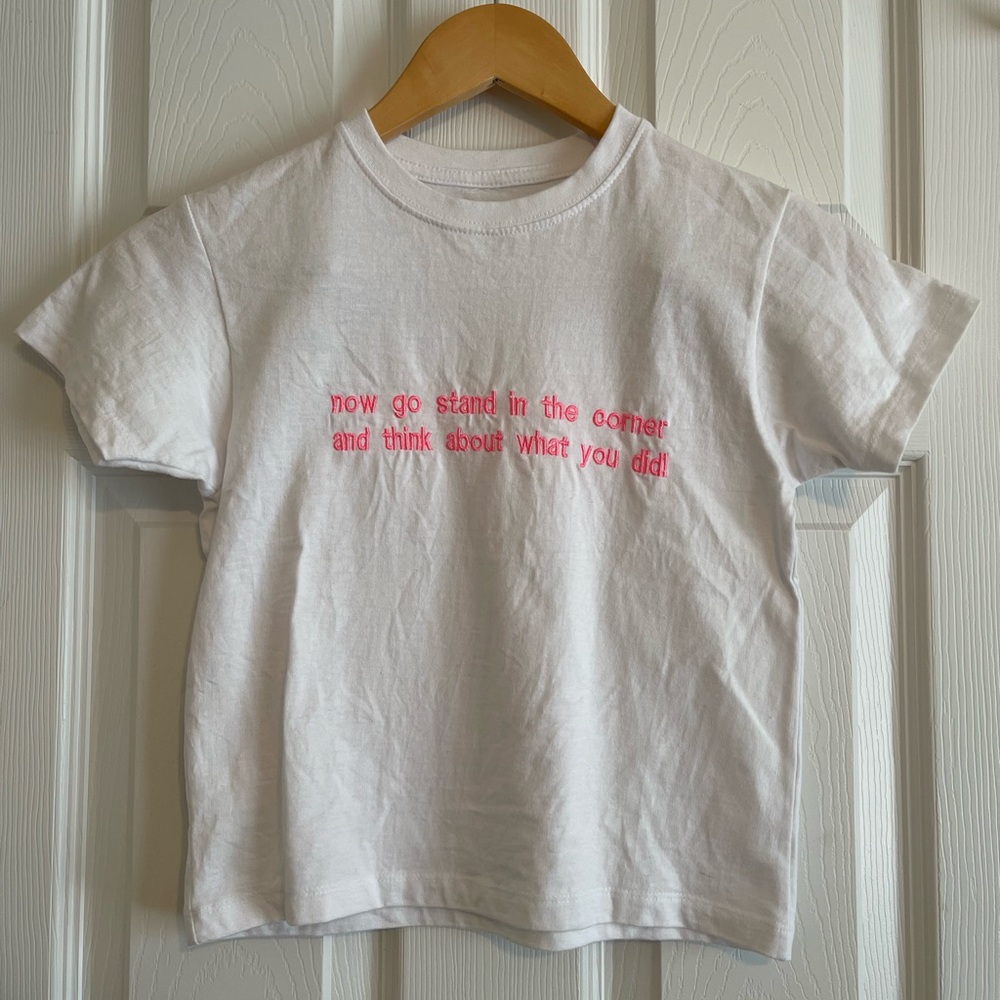 Women’s White Baby Tee T-shirt with Embroidered Pink Text. Size Small